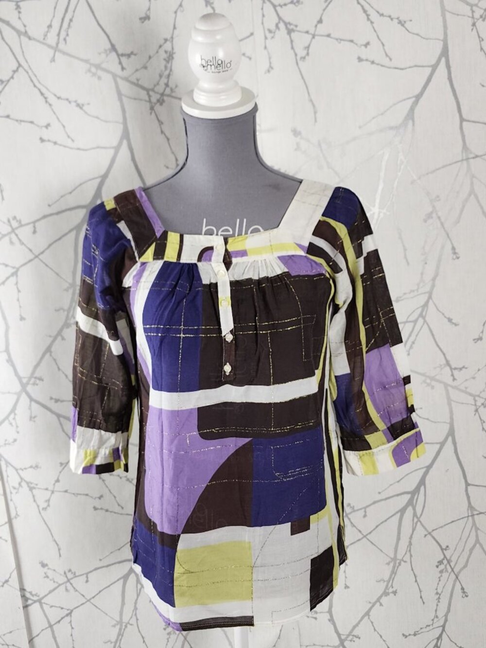 Oui Set Colorful Collage Print Cotton Silk Square Neck Popover Blouse